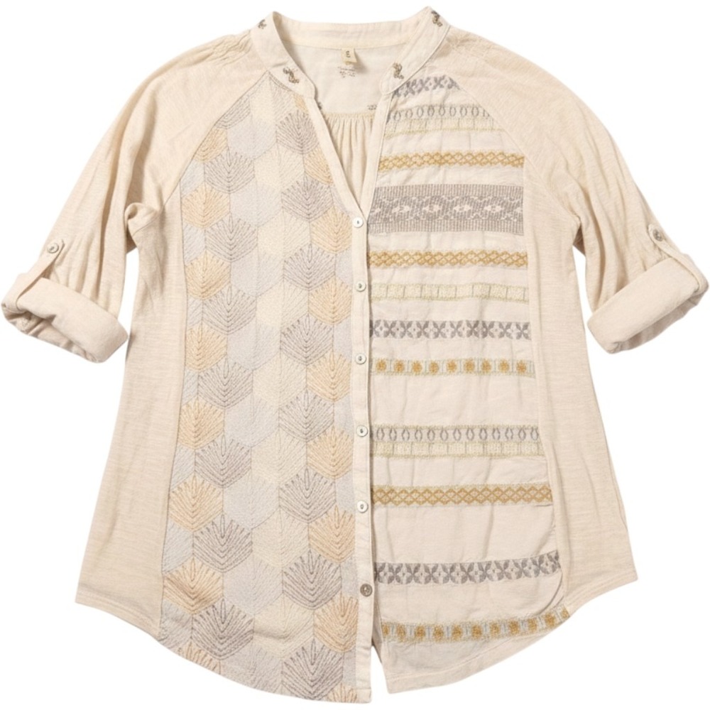 Anthropologie Tiny Embroidered Button Down Top Beige Boho Roll Tab Sleeve M